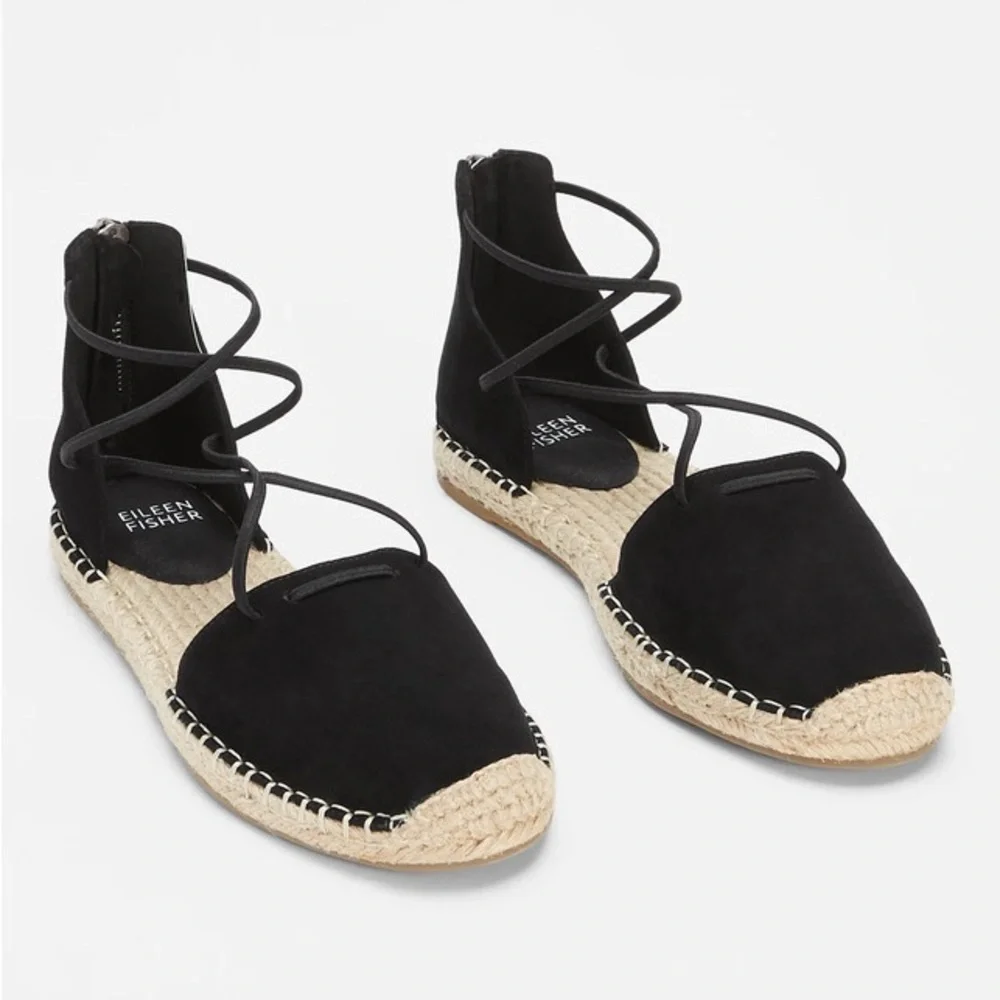 New Eileen Fisher Black Lace Leather Espadrilles | Size 7.5